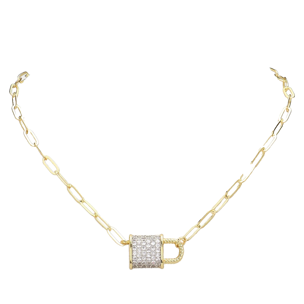 Dipped Gold Paperclip CZ Pave Lock Necklace 17in Trendy Jewelry