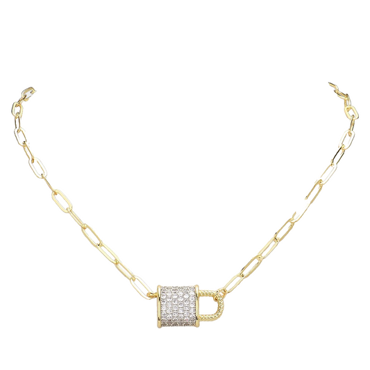Dipped Gold Paperclip CZ Pave Lock Necklace 17in Trendy Jewelry