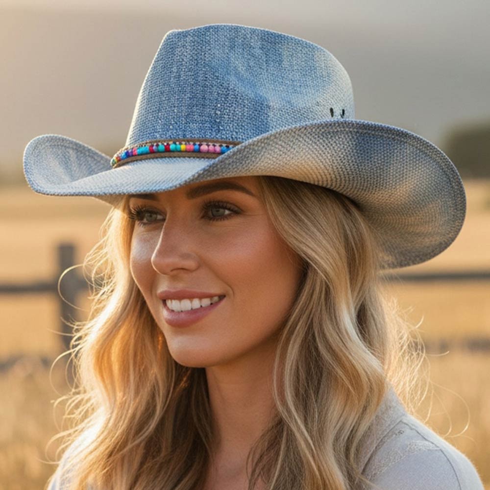 Blue Acid Wash Straw Cowboy Hat with Colorful Seed Bead Band - Western Style