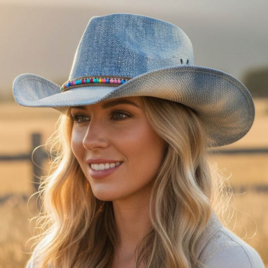 Blue Acid Wash Straw Cowboy Hat with Colorful Seed Bead Band - Western Style