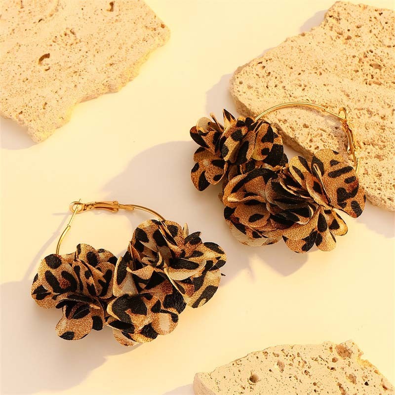 Leopard Print Flower Hoop Earrings Fabric Cluster Oversized Statement Jewelry