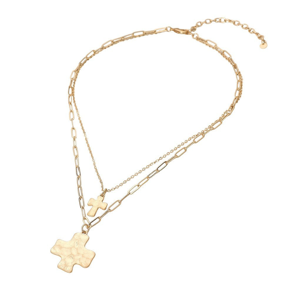 2 Pcs Hammered Metal Cross Pendant Accent Double Layered Necklace for Women Gold
