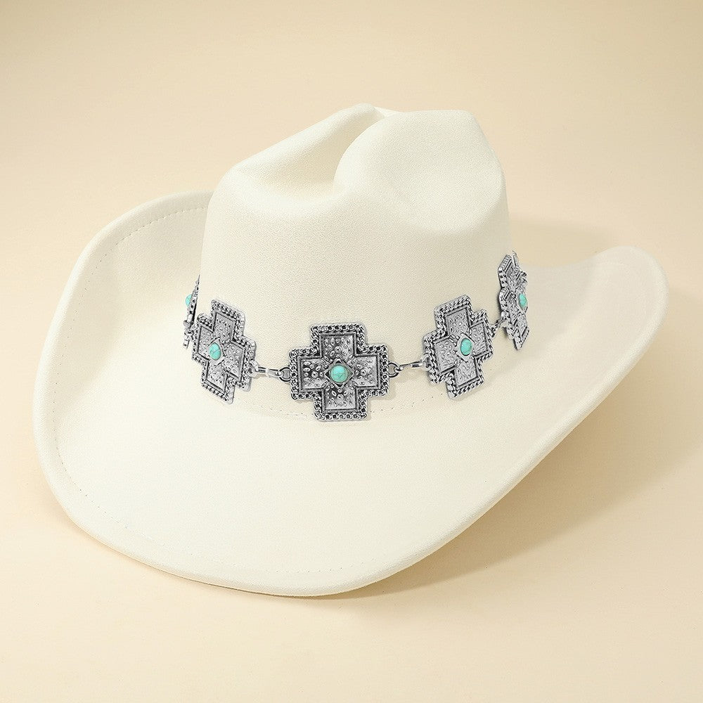 Western Cross Concho Band Turquoise Accent Cowboy Fedora Hat Beige Polyester