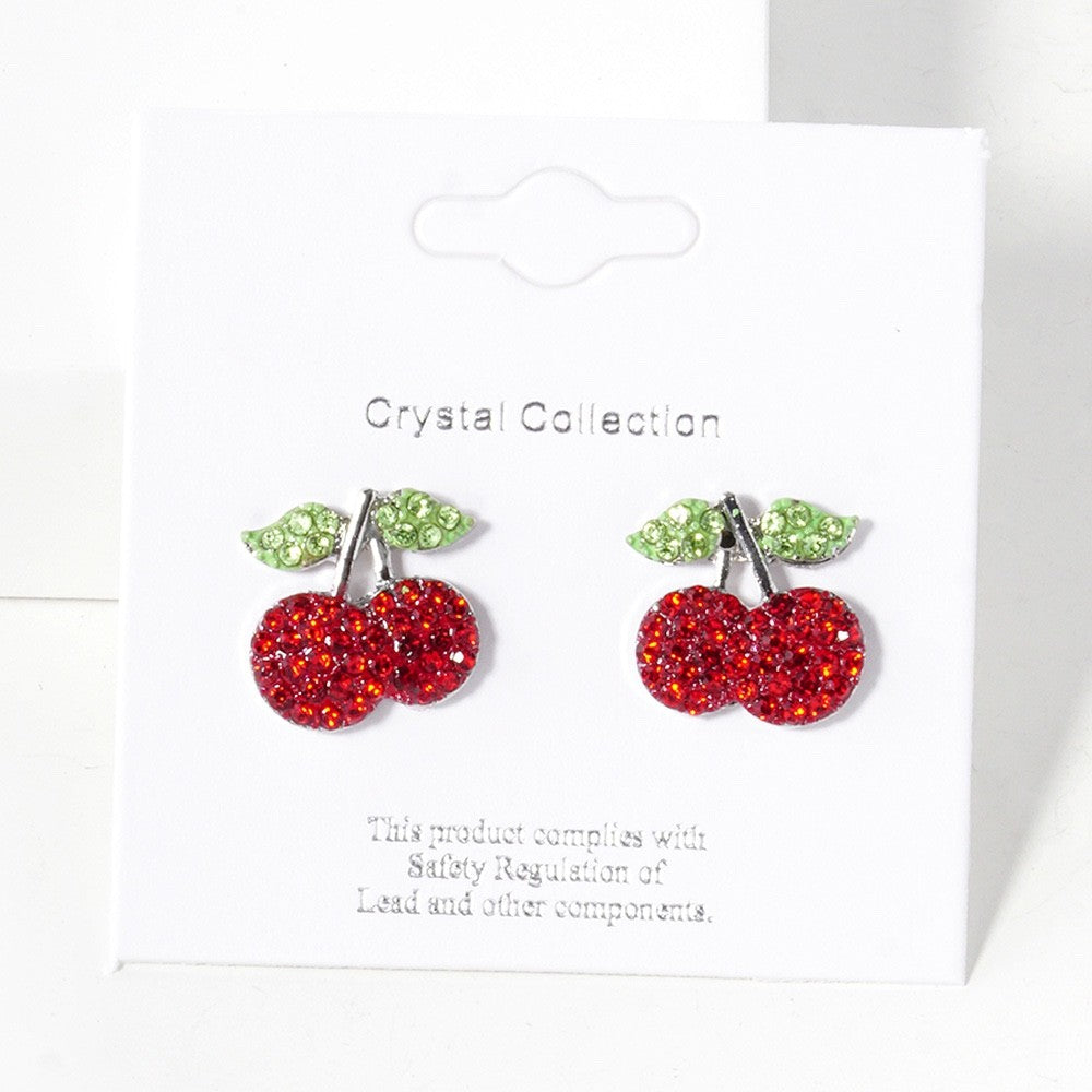 Red Cherry Rhinestone Stud Earrings Crystal Collection Fruit Jewelry