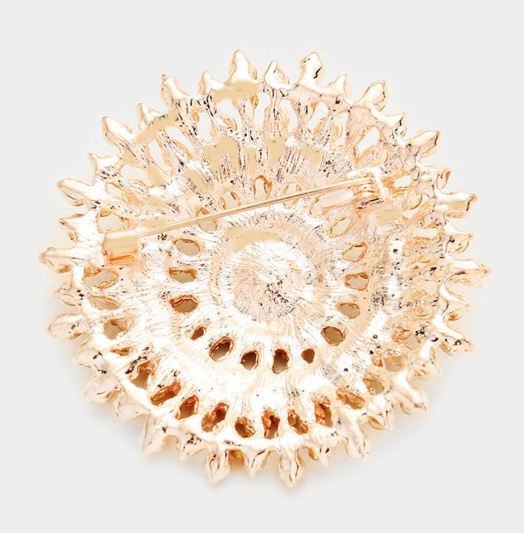 2pc Pieces Large Crystal Sunburst Brooch Set Blue Silver & Peach Gold Flower Pin
