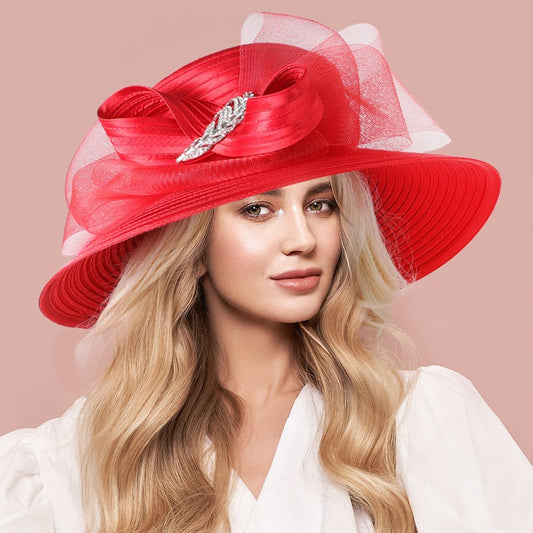 Red Wide Brim Church Derby Dress Hat Bow Crystal Accent Ladies Women's