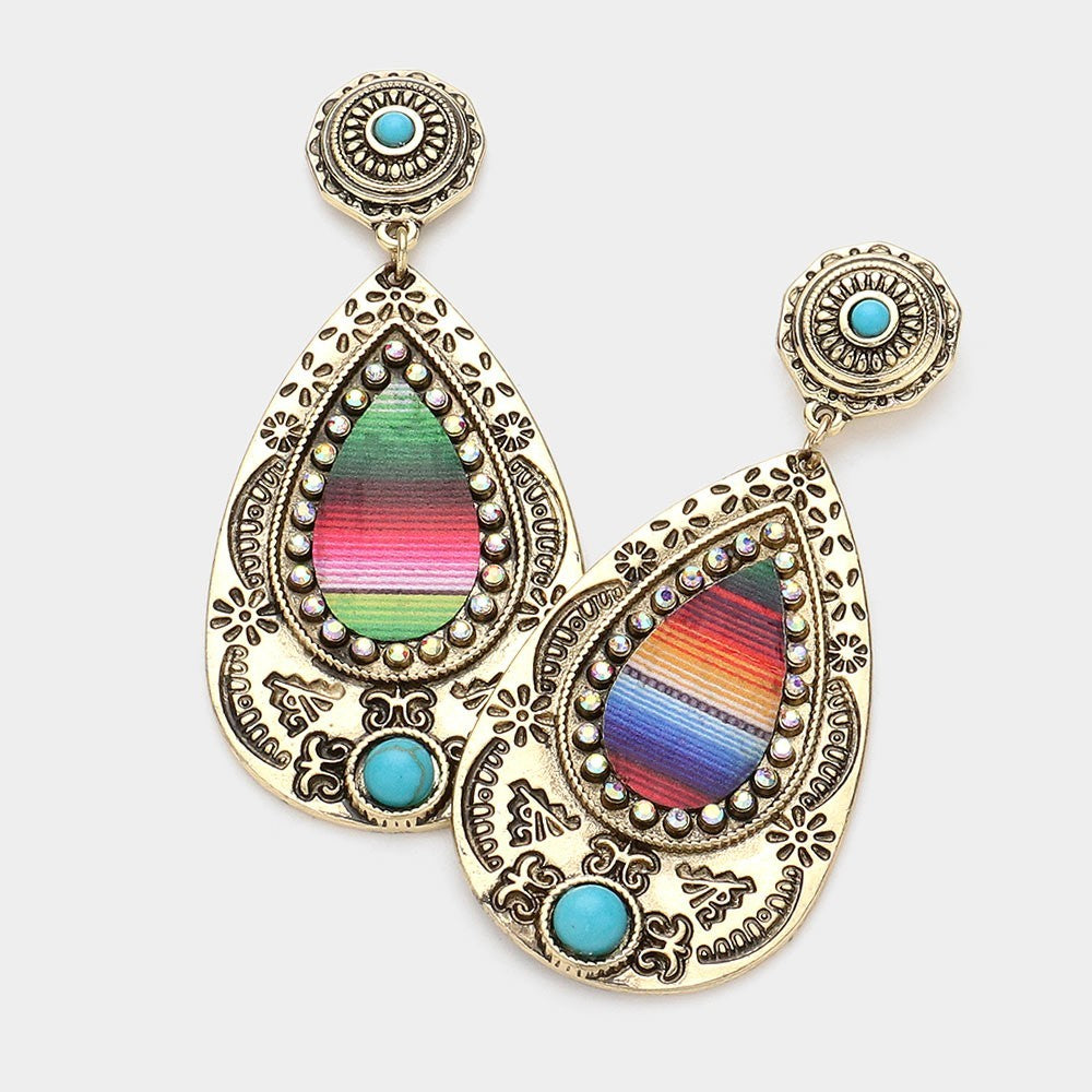 Colorful Ethnic Earrings Pair Teardrop Shape Gold Tone Turquoise Accent Stones