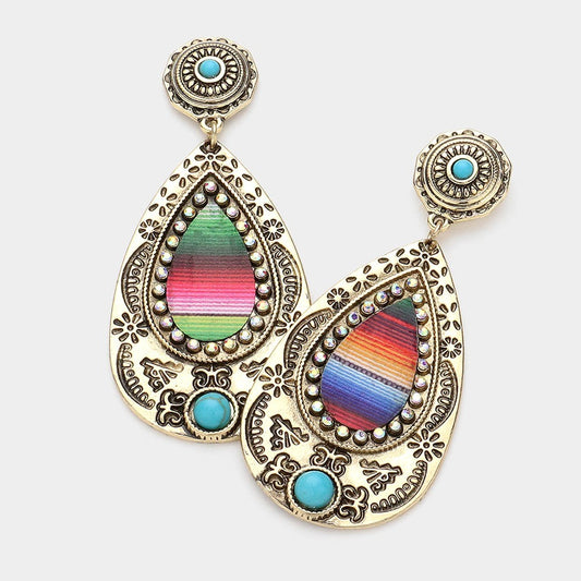 Colorful Ethnic Earrings Pair Teardrop Shape Gold Tone Turquoise Accent Stones
