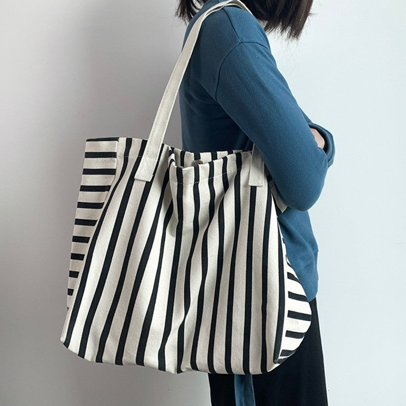 Large Canvas Tote Bag Striped Black White Shoulder Handbag Cotton Beach Shopper
