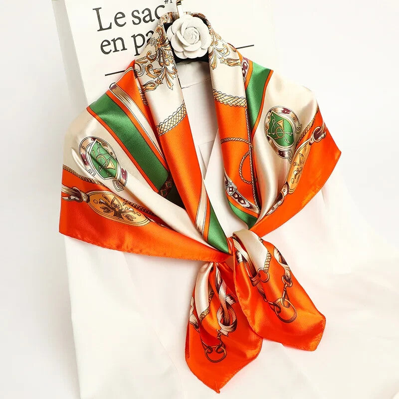Luxury Printed Satin Square Silk Scarf for Women 35 Inch Hair Wrap Shawl Orange