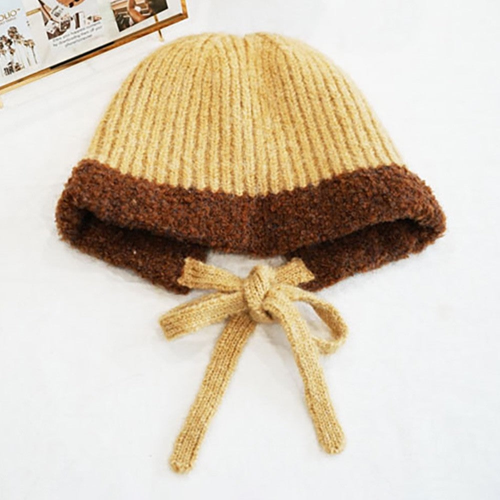 Two-Tone Knit Beanie Hat with Adjustable Tie - Winter Warmth Fashion Accessory