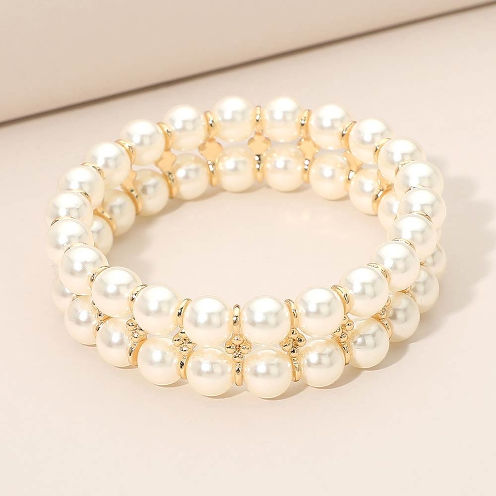 Cream Faux Pearl Double Row Stretch Bracelet - Elegant Gold-Tone Bridal Jewelry
