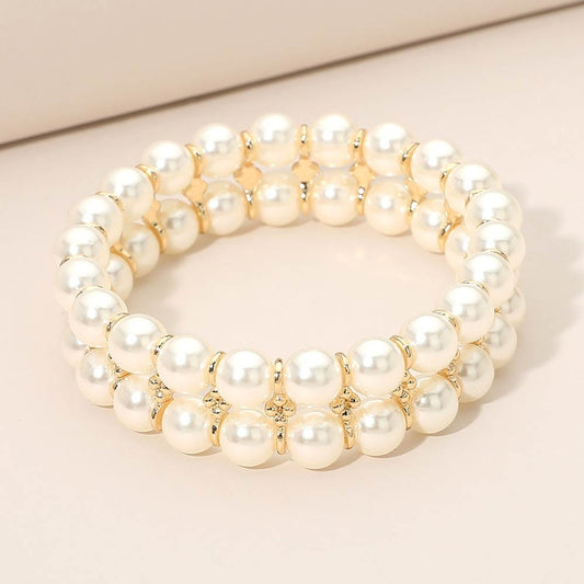 Cream Faux Pearl Double Row Stretch Bracelet - Elegant Gold-Tone Bridal Jewelry