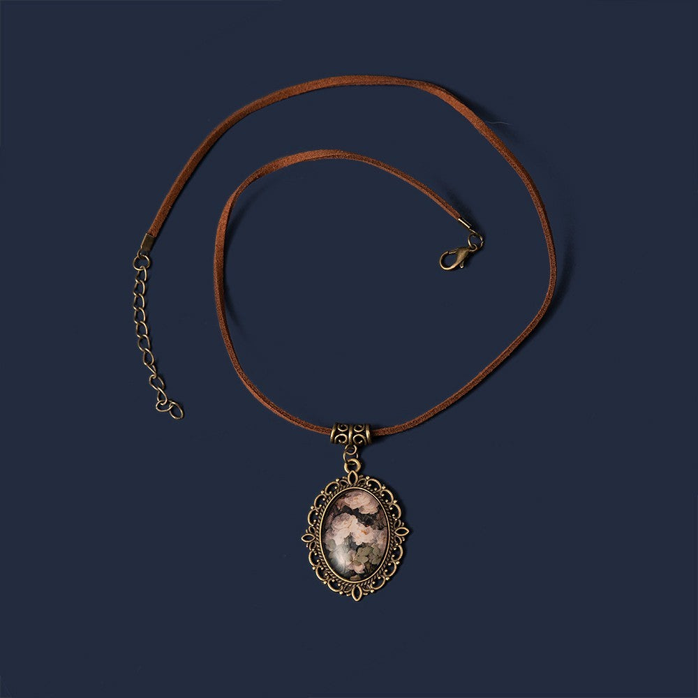 Women's Vintage Floral Rose Pendant Necklace Filigree Oval Frame