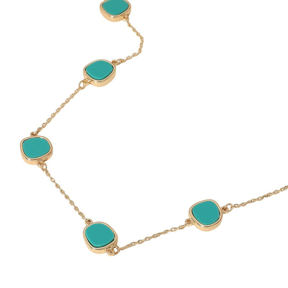 Gold Tone Turquoise Stone Station Necklace Minimalist Boho Dainty Style Jewelry