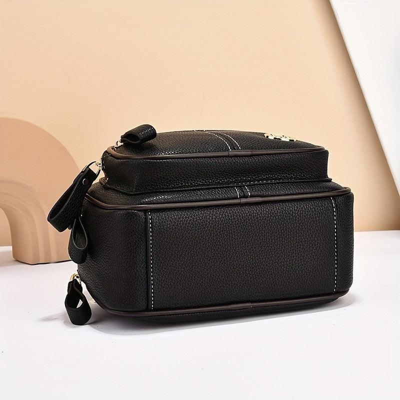 Black Crossbody Handbag Triple Zip Wide Strap Faux Leather Gold Hardware Women