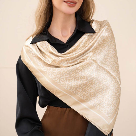 Elegant Champagne Satin Square Silk-Like Scarf with Intricate Scroll Pattern