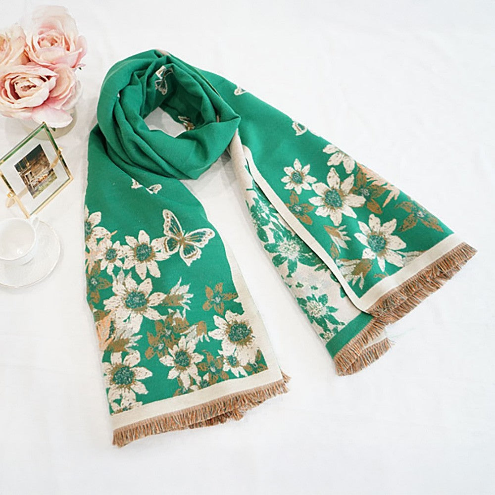 Emerald Green Floral Butterfly Shawl Wrap Long Fringe Soft Gift for Her Women