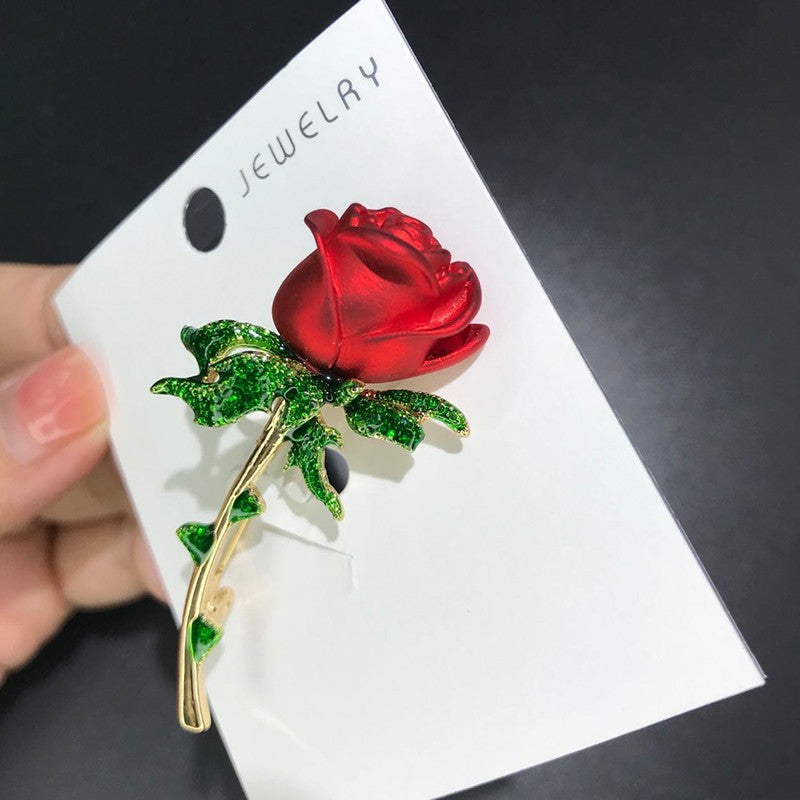 Red Rose Flower Brooch Pin Women Gold Tone Green Rhinestone Jewelry