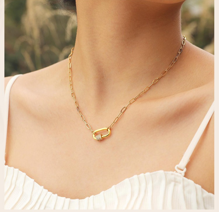 2pcs 18K Gold Plated & Silver Stainless Steel Paperclip Carabiner Necklace Set