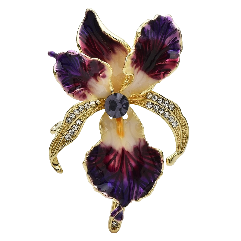 Purple Orchid Flower Brooch Pin Gold Tone Enamel Rhinestone Jewelry Statement