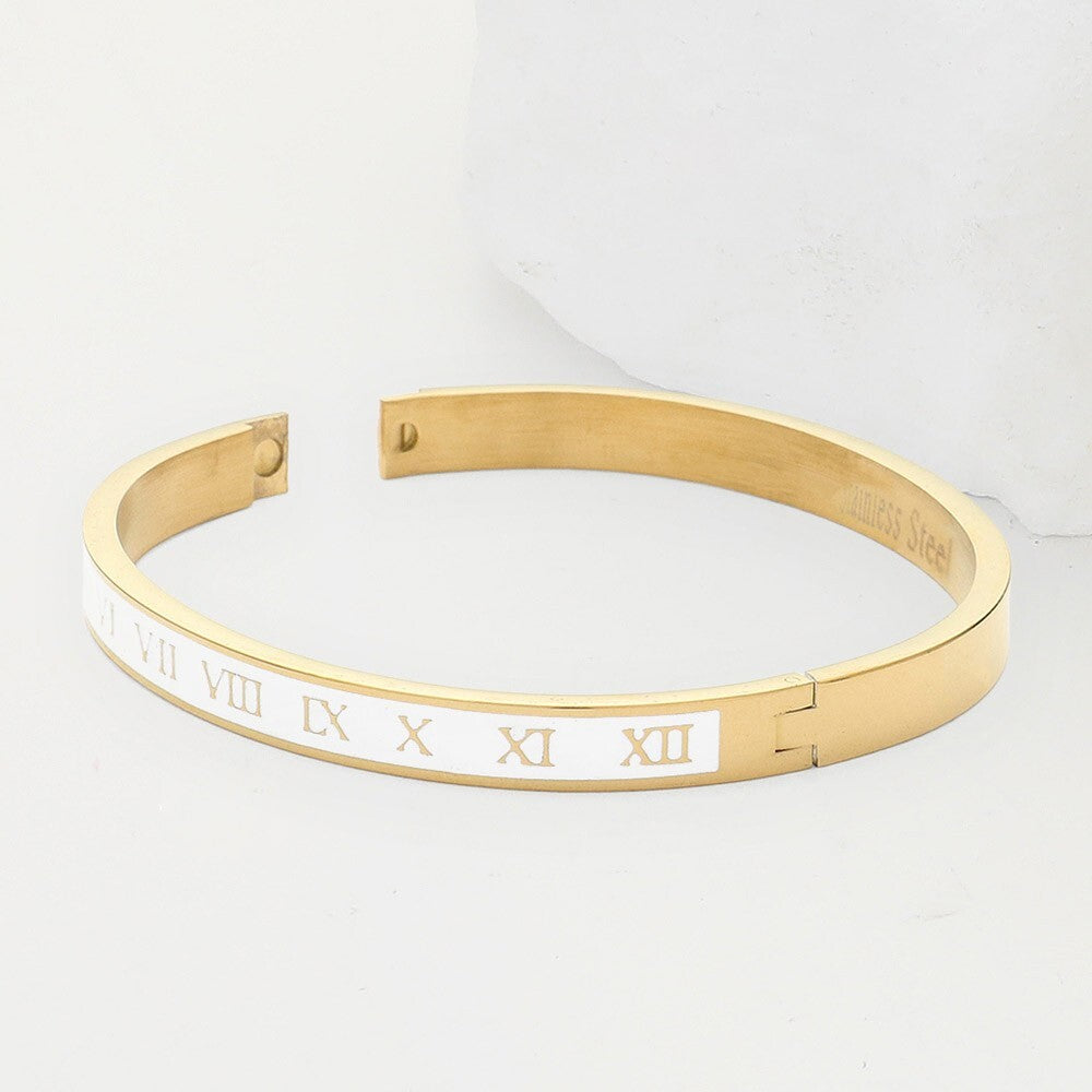 Roman Numeral Enamel Stainless Steel Hinged Bangle Bracelet for Women
