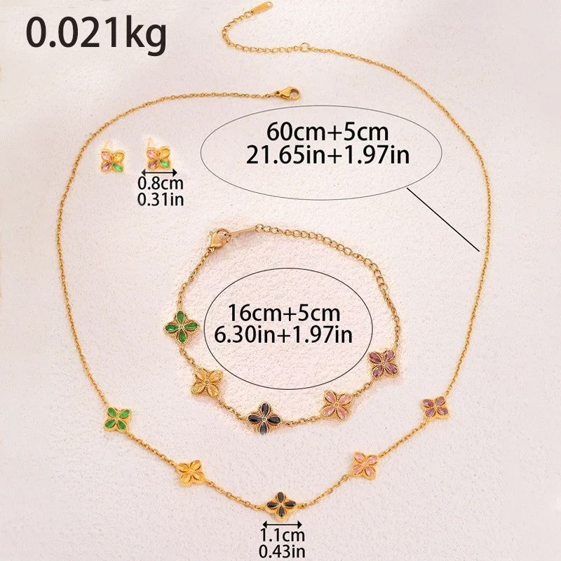 Gold Plated Multi-Color Flower Clover Necklace Bracelet Earrings Jewelry Set New