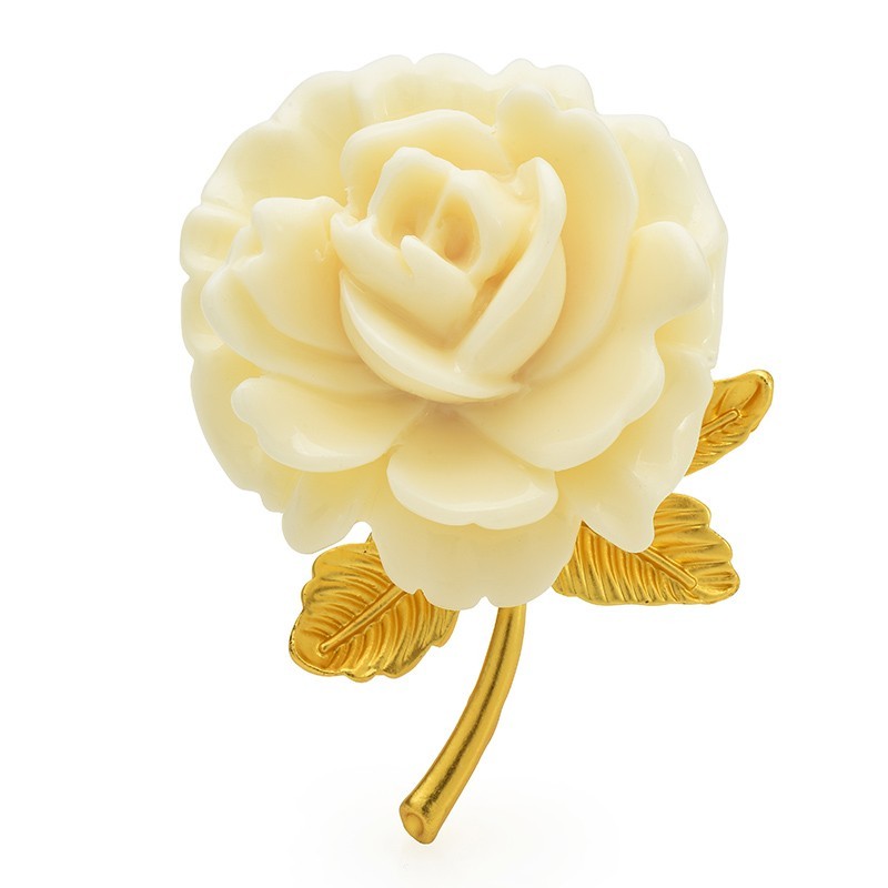Vintage Style Cream Resin Rose Brooch Gold Tone Flower Pin Romantic Wedding Gift