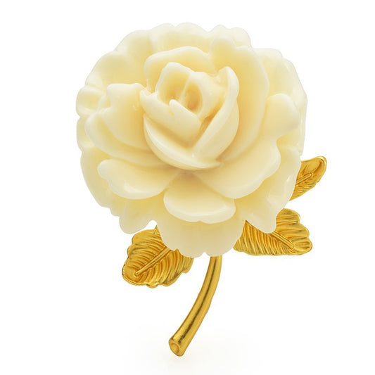 Vintage Style Cream Resin Rose Brooch Gold Tone Flower Pin Romantic Wedding Gift