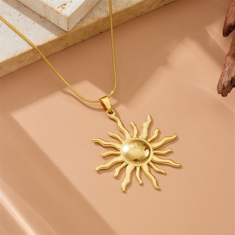 Gold Sun Pendant Necklace Statement Jewelry Sunburst Snake Chain Women Gift