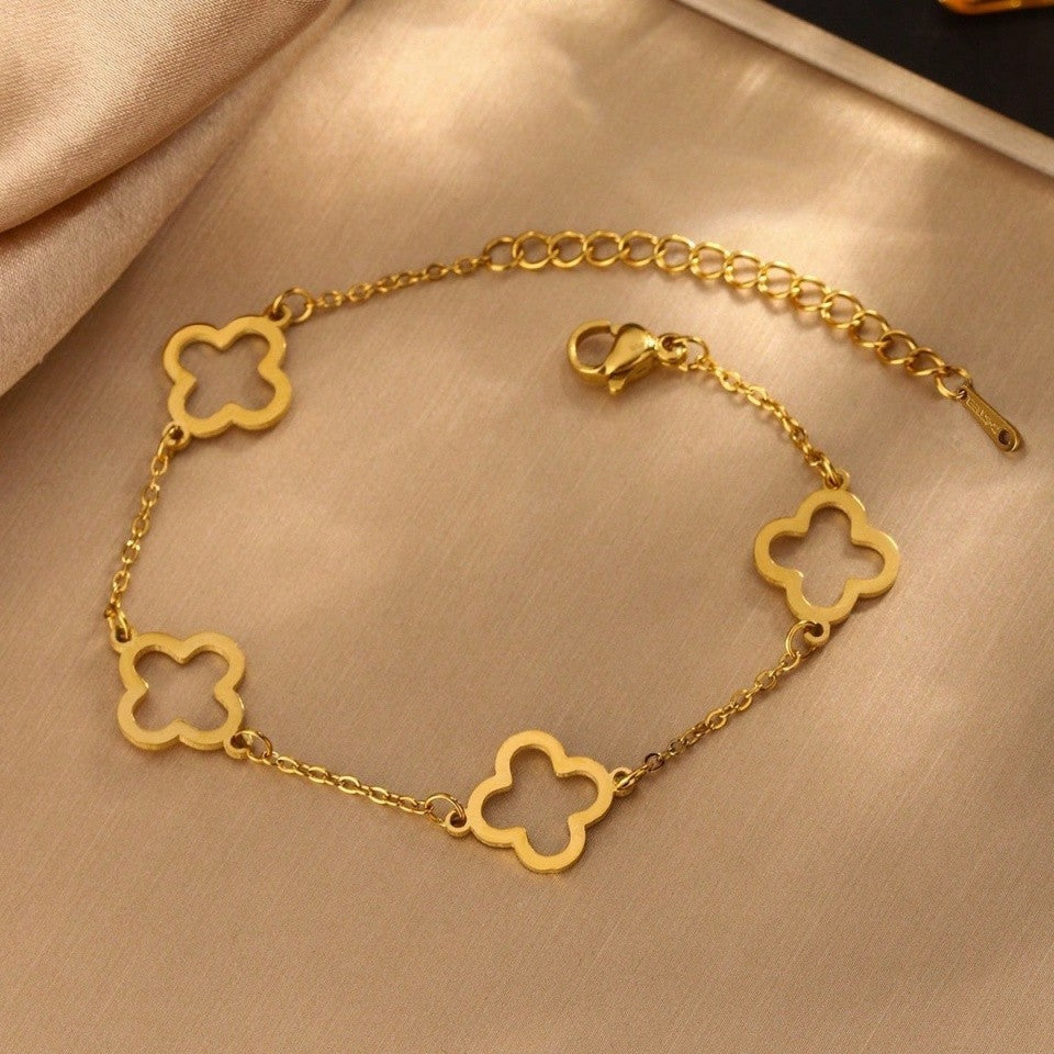 Dainty Four Leaf Clover Bracelet Set - Gold & Silver Tone Adjustable Lucky Charm