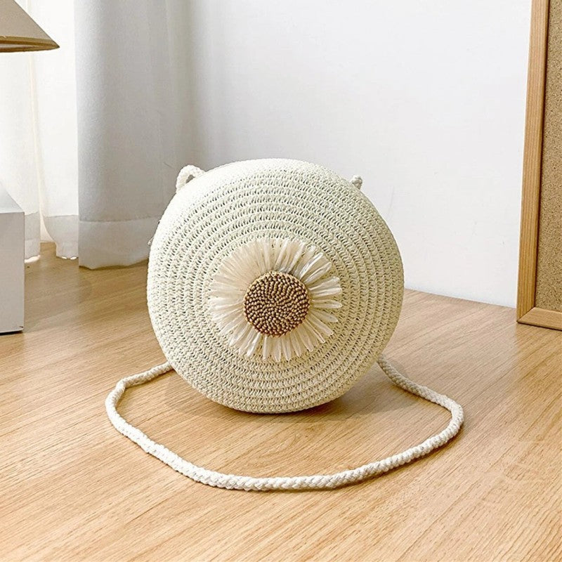 Women's Daisy Straw Circle Crossbody Bag Summer Beach Handbag White