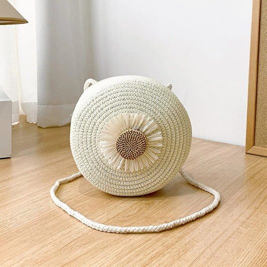 Women's Daisy Straw Circle Crossbody Bag Summer Beach Handbag White