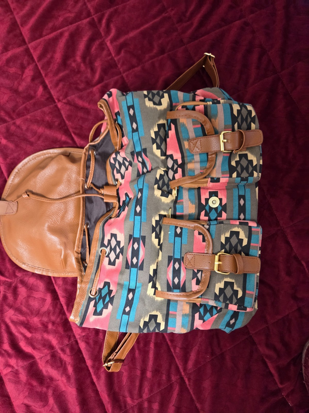 Boho Aztec Print Backpack for Women with Drawstring Top and Snap Front Closure