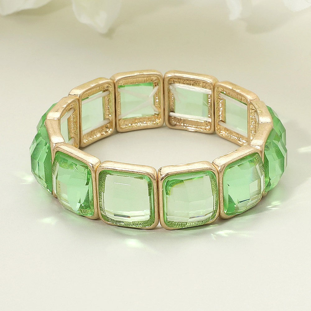 Square Faceted Gemstone Frame Beaded Stretch Bracelet for Women Green & Gold