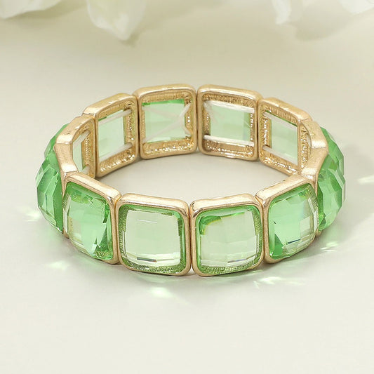Square Faceted Gemstone Frame Beaded Stretch Bracelet for Women Green & Gold