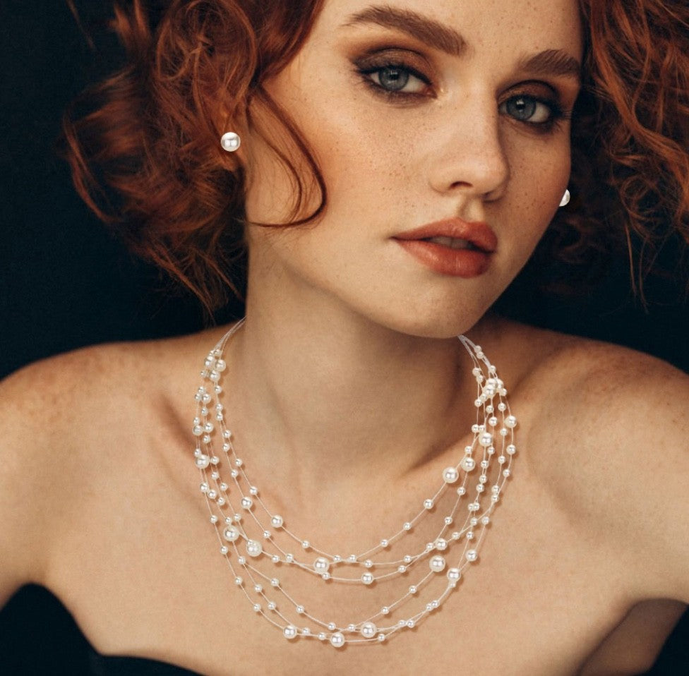 2pcs Elegant Cream Faux Pearl Multi Strand Illusion Necklace and Earring Set