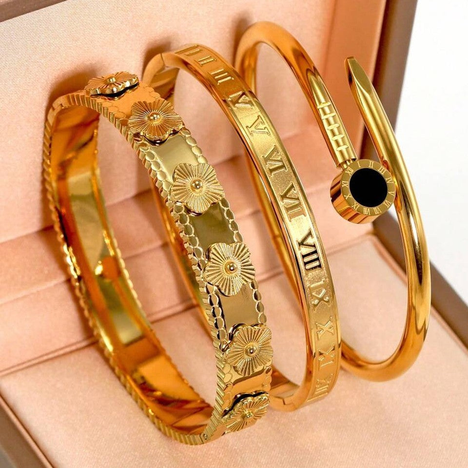 Stackable 3-Piece Gold Bangle Set for Women - Roman Numeral & Floral Designs