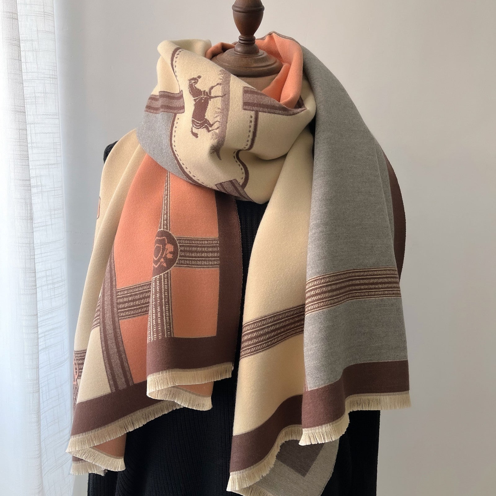 Equestrian Horse Print Scarf Shawl Wrap Tan Peach Grey Oversized Fringed