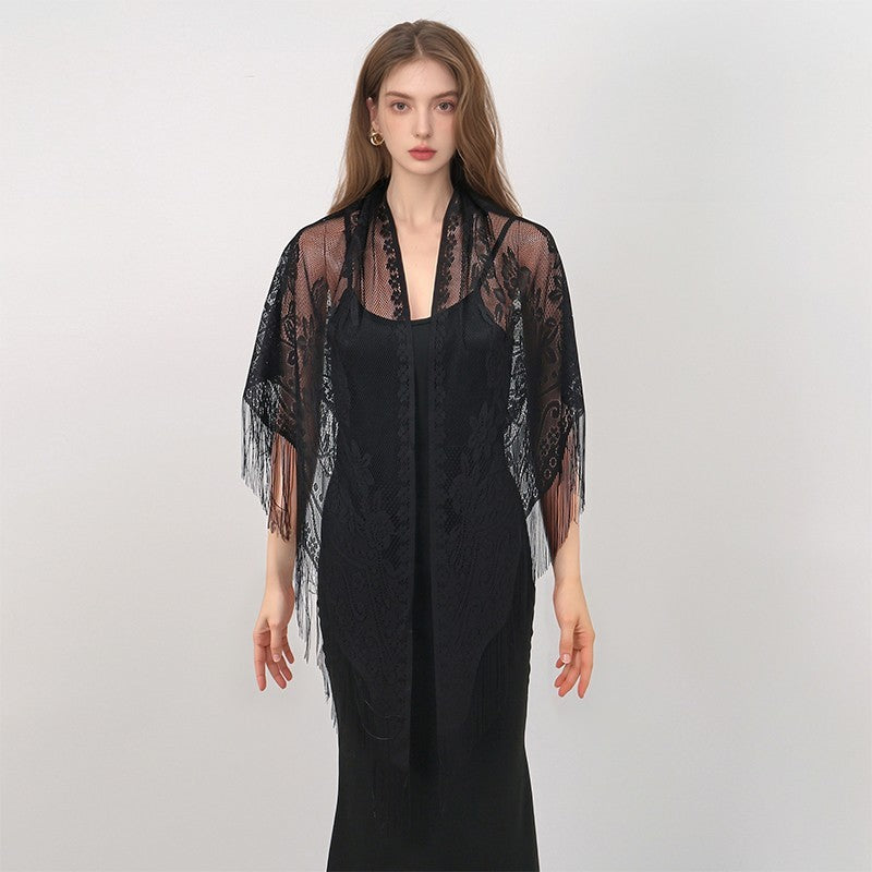 Black Floral Lace Triangle Scarf Tassel Fringe Sheer Embroidered Shawl Wrap