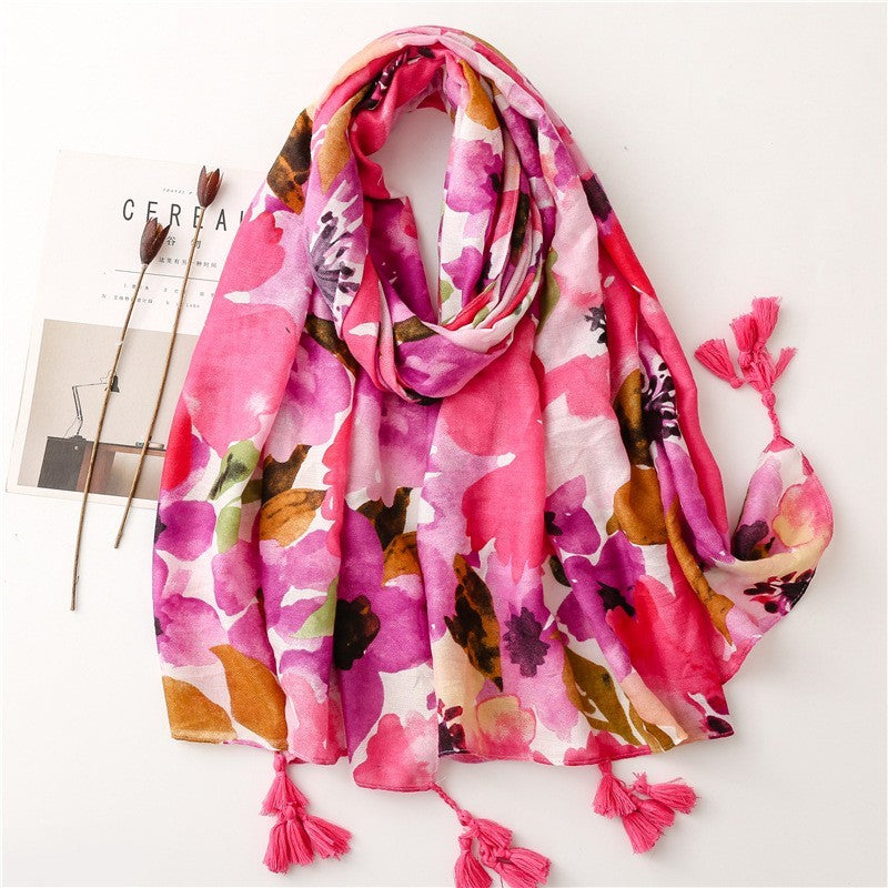 2pcs Floral Tassel Shawl Scarf Large Soft Spring Fashion Wrap Yellow Pink