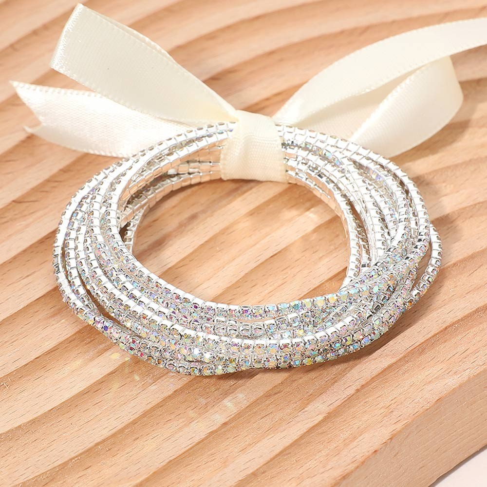 12pc Silver AB Crystal Stretch Bracelet Set Stackable Sparkly Ribbon Boho