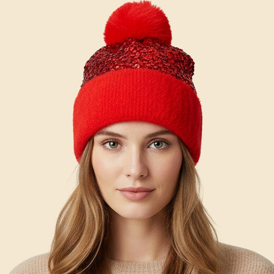Sparkly Red Winter Hat for Women Sequin Beanie with Plush Band and Pom Pom