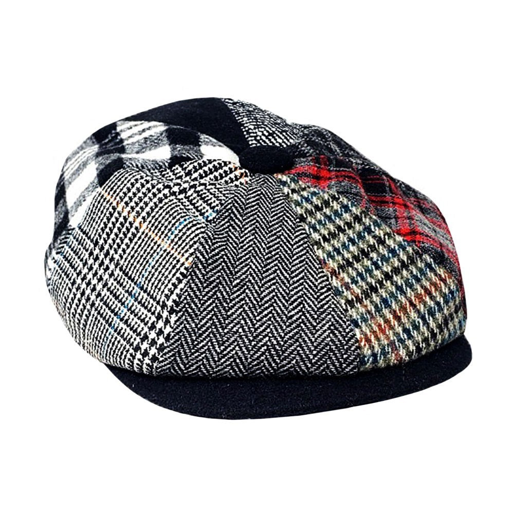 Patchwork Wool Newsboy Cap Multi-Color Plaid Herringbone Gatsby Hat Size S/M