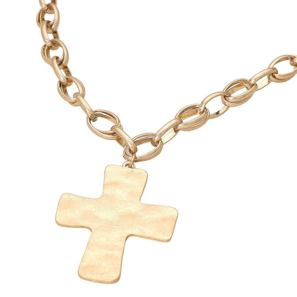 Gold Hammered Texture Cross Pendant Chunky Oval Link Chain Statement Necklace