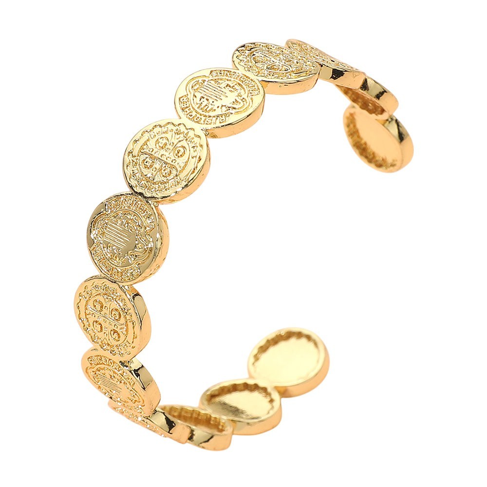 Gold Tone Metal Coin Motif Link Adjustable Cuff Bracelet Jewelry for Women
