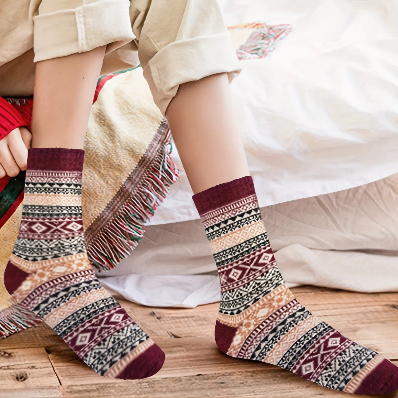 Warm Winter Thermal Knit Socks Fair Isle 5 Pairs Crew US 5-12
