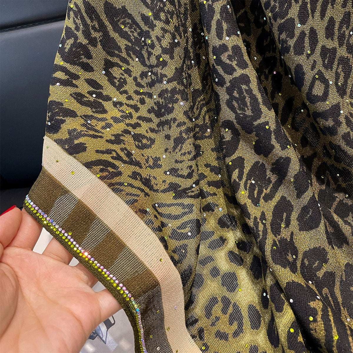 Elegant Green Leopard Print Rhinestone Tassel Scarf Shawl Wrap for Women