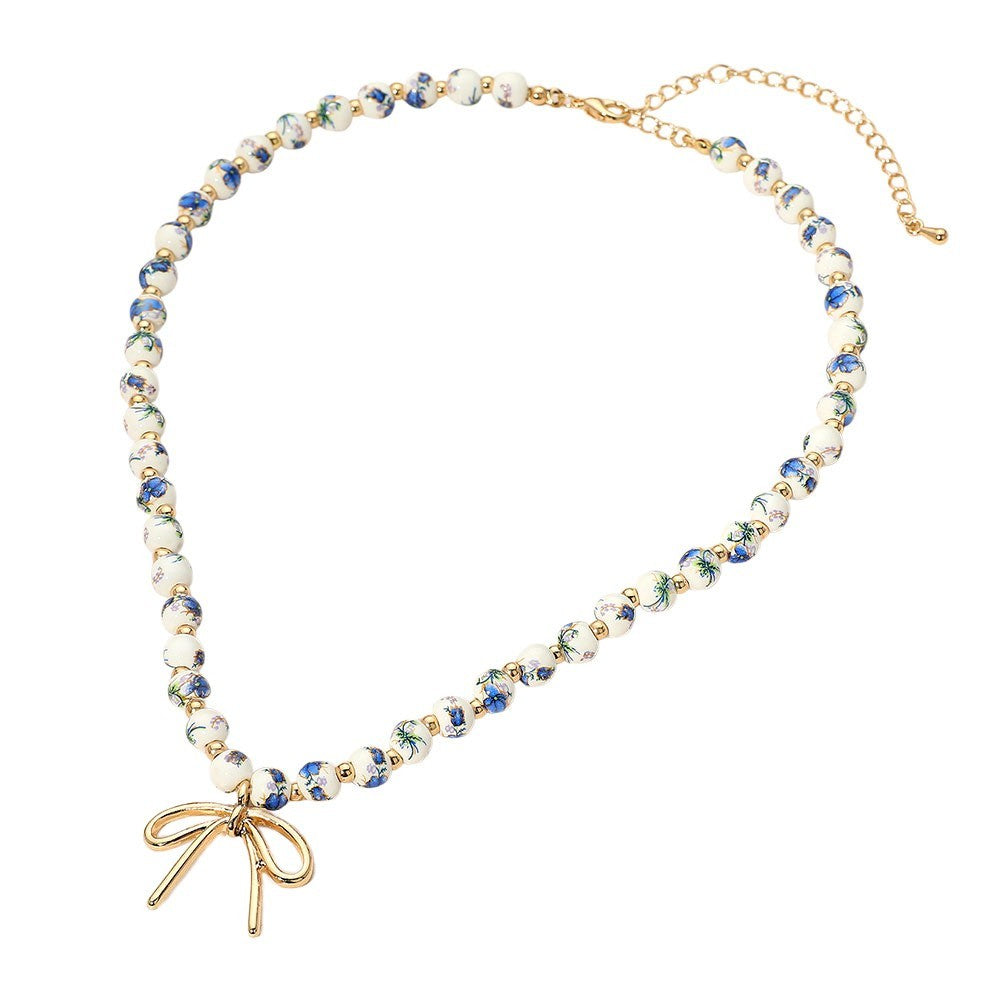 2PCS Blue White Porcelain Bead Choker Necklace Set Gold Bow Charm New Gift