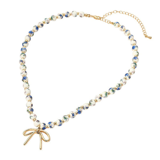 2PCS Blue White Porcelain Bead Choker Necklace Set Gold Bow Charm New Gift